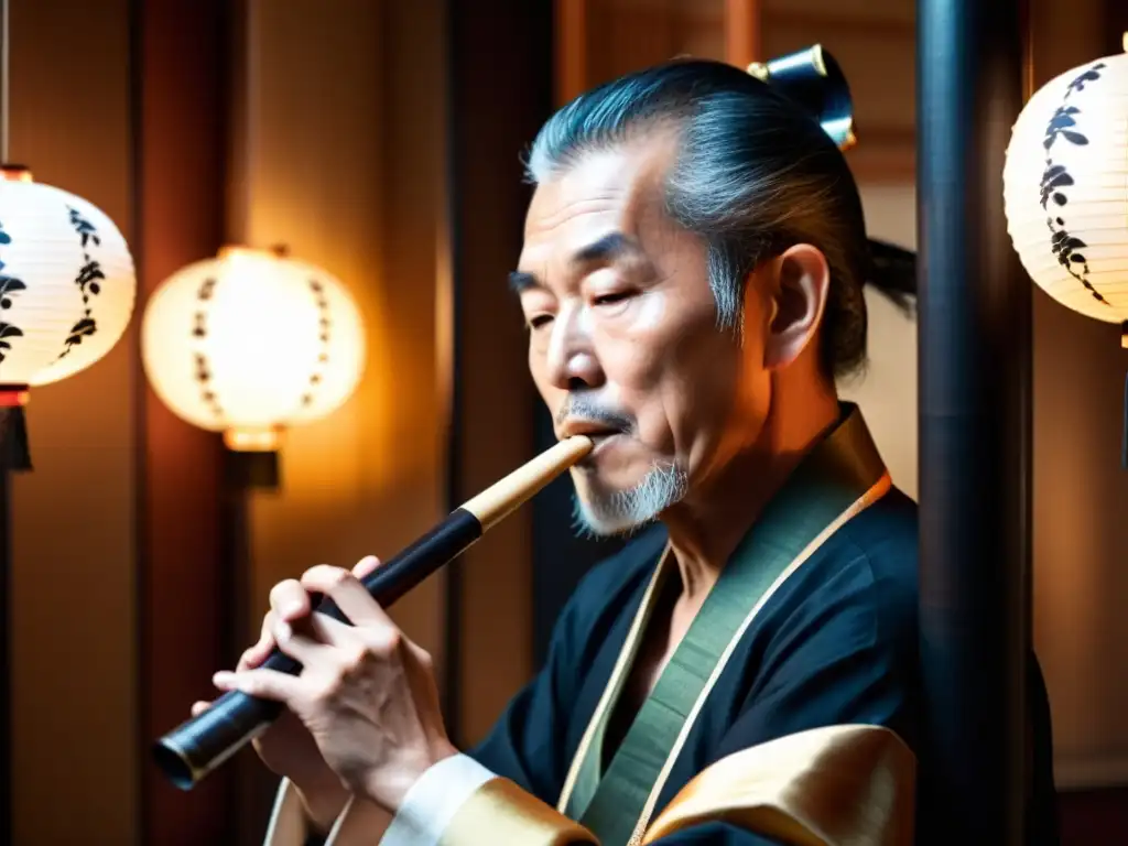 Un maestro shakuhachi concentrado en la interpretación, con técnicas ancestrales shakuhachi japonesas