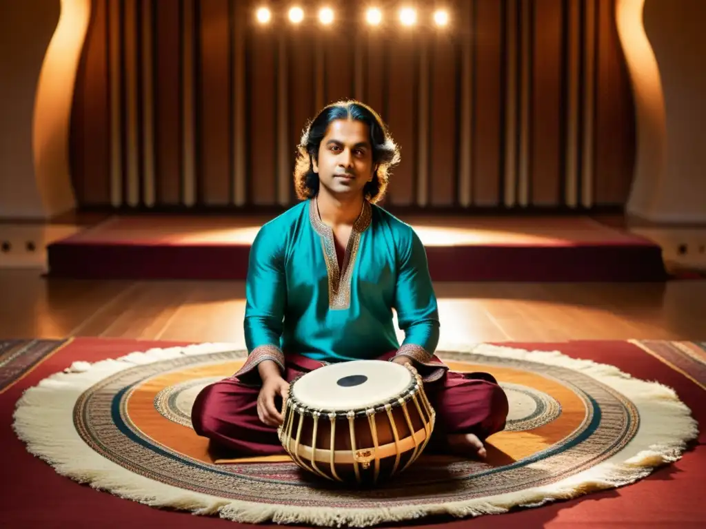 Un maestro de la tabla india ejecuta ritmos complejos con destreza, rodeado de la cálida atmósfera de un auditorio