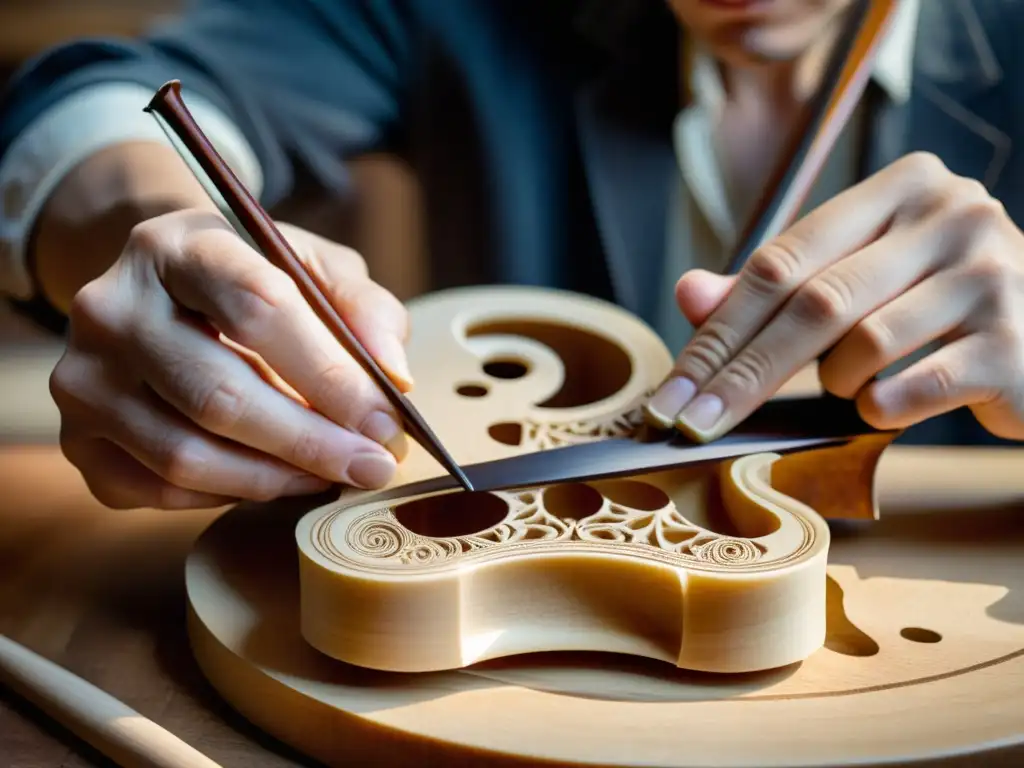 Un maestro luthier talla con destreza la madera de arce, bañado por cálida luz natural