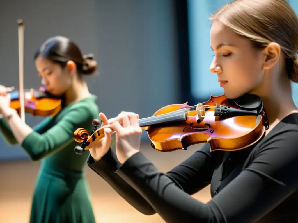 Maestro de violín enseñando técnica de arco a estudiantes en estudio de música