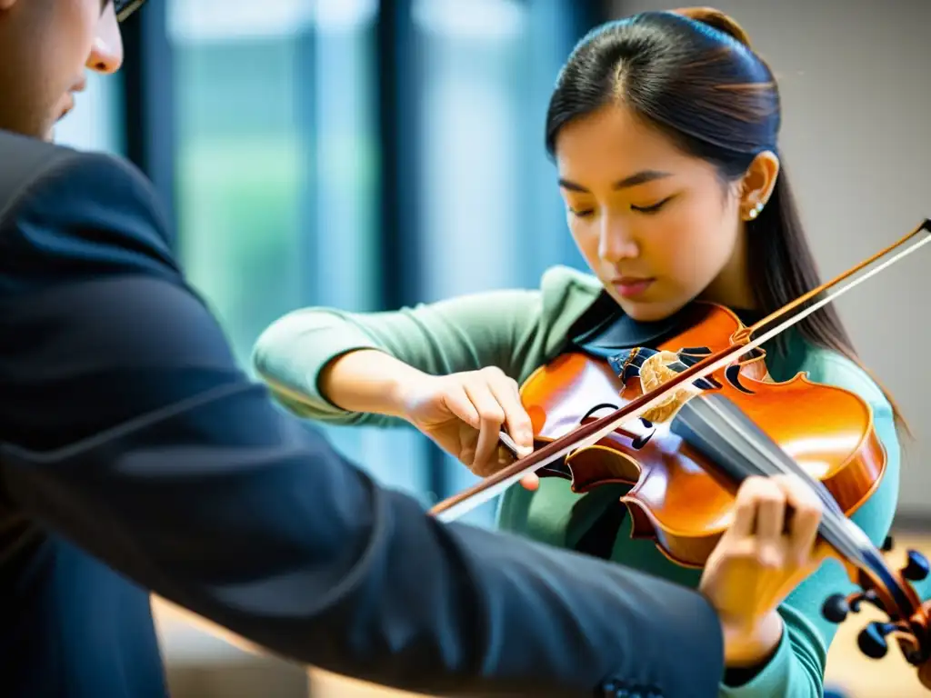 Maestro de violín muestra técnica innovadora a estudiantes en aula moderna, fomentando la enseñanza de violín y viola con pasión y dedicación