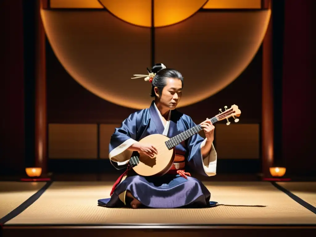 Un maestro tradicional de shamisen actúa con destreza en el escenario, iluminado cálidamente