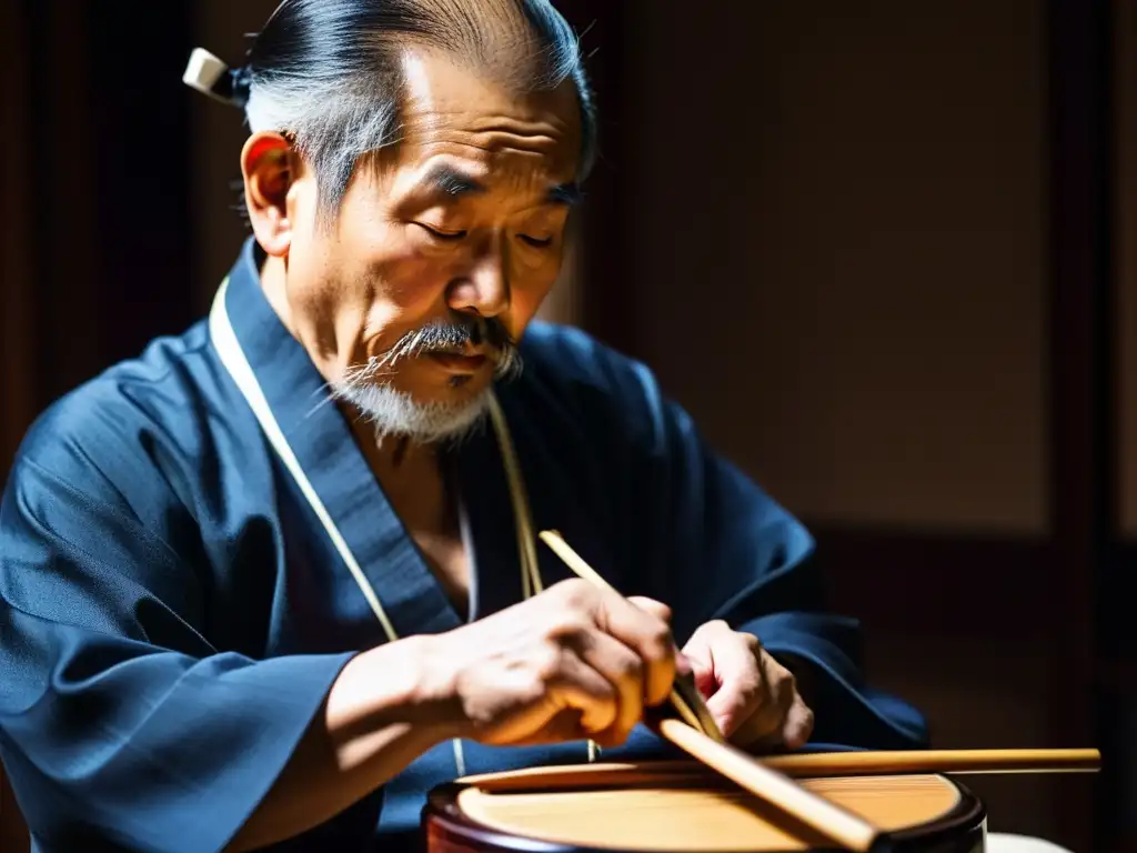 Un maestro del Tsugaru Shamisen japonés, con intensa concentración, crea melodías soulstirring