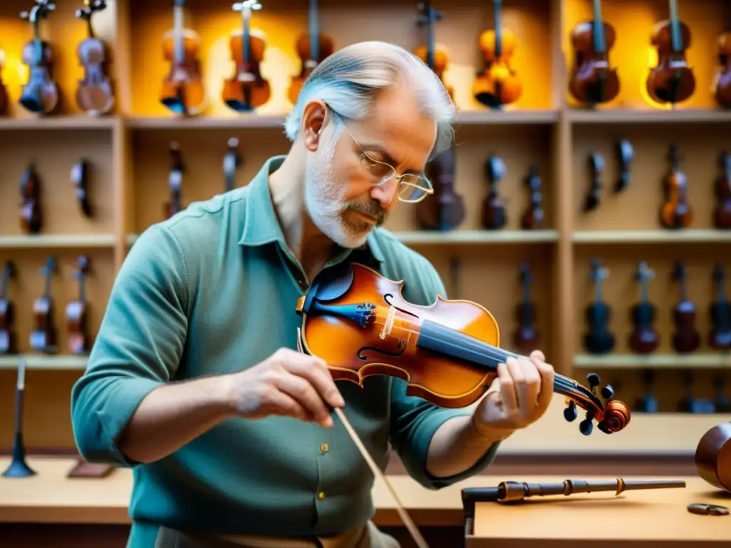 Maestro luthier restaurando un violín Stradivarius en su taller, rodeado de herramientas antiguas