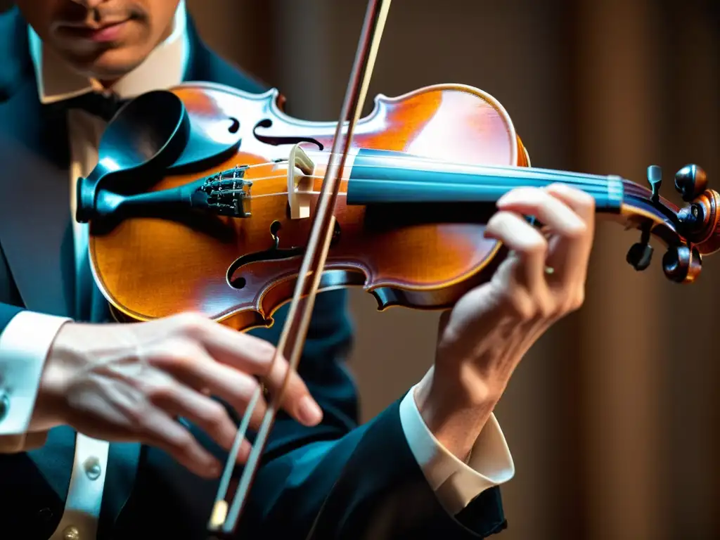 Un maestro violinista ejecutando técnicas avanzadas de violín con destreza y precisión, resaltando la artesanía y la tradición del instrumento