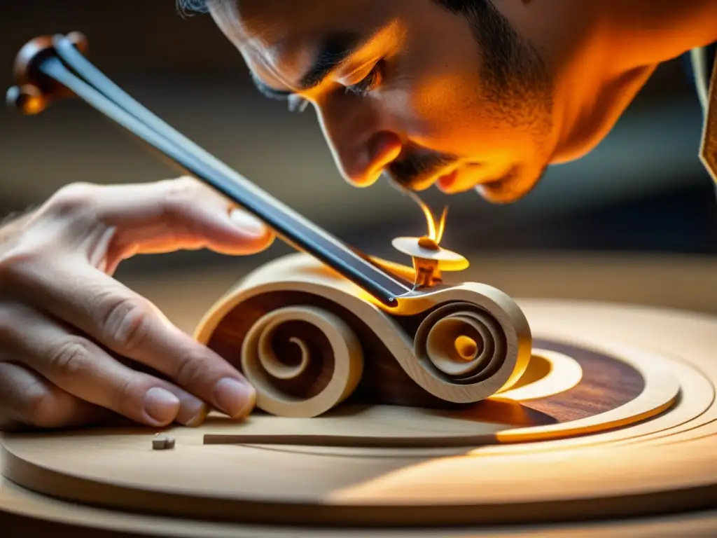 El maestro luthier esculpe con precisión el violín Stradivarius, con virutas de madera flotando a su alrededor