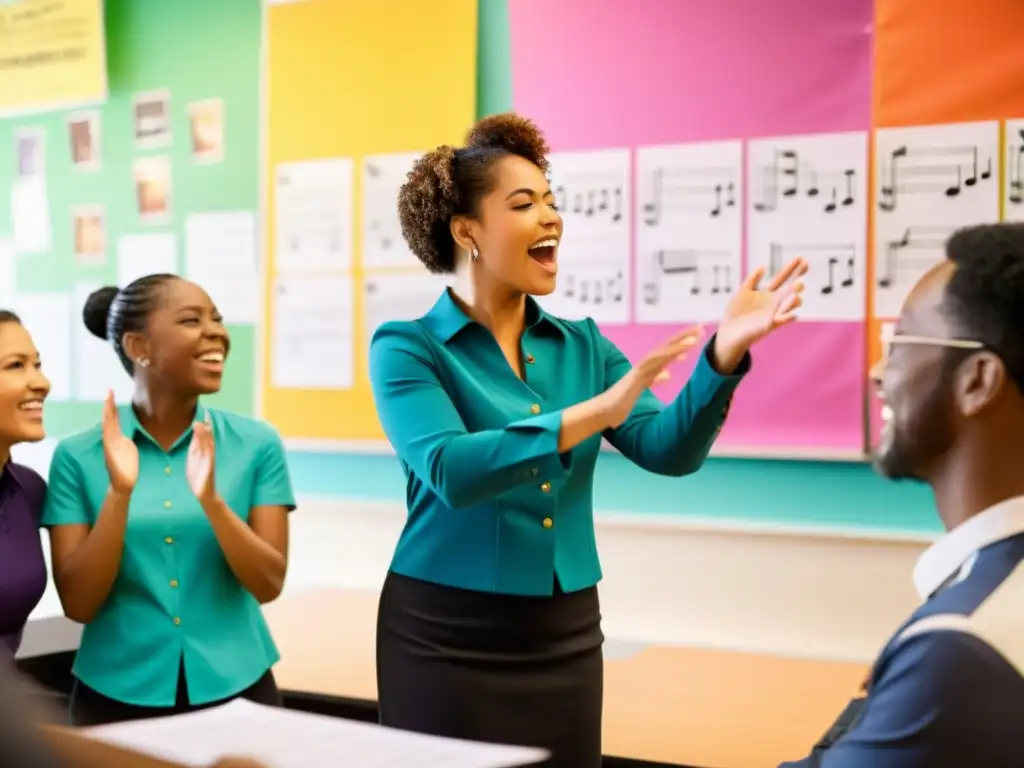 Maestros de música apasionados liderando una animada discusión sobre la importancia del maestro de música en un aula diversa y vibrante