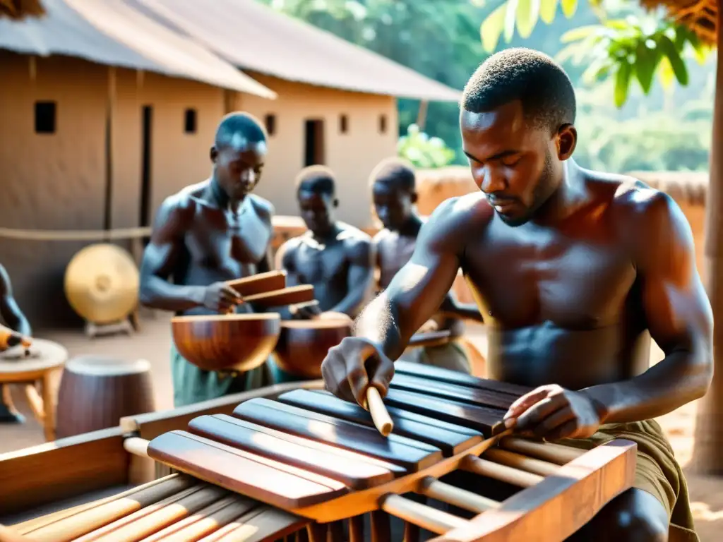 Maestros artesanos africanos tallan y ensamblan una marimba de madera oscura en un pueblo