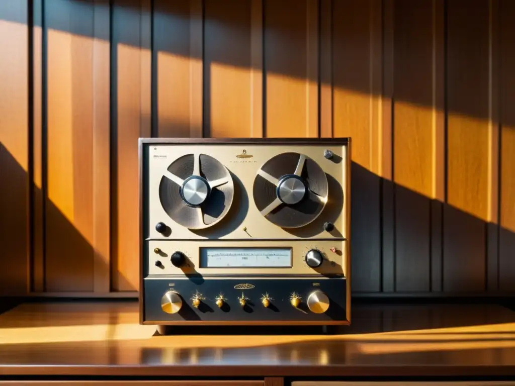 Un magnetófono vintage reel-to-reel en un estudio tenue, con cálida luz dorada iluminando sus perillas y switches