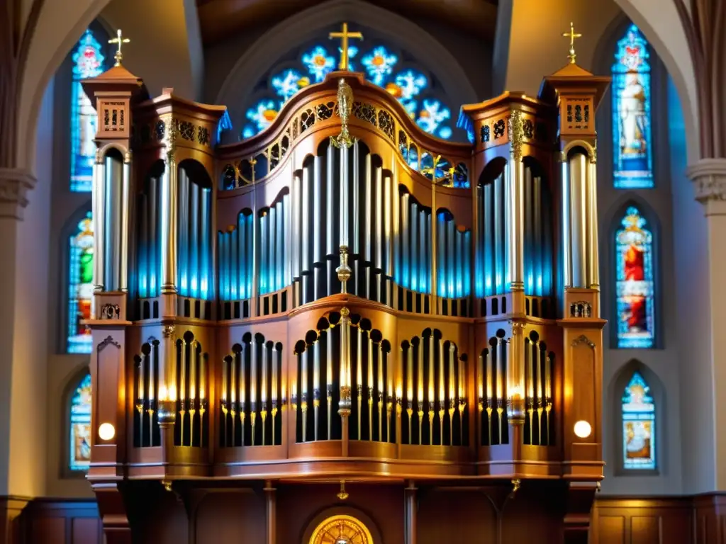 Una majestuosa imagen de un órgano de tubos en una iglesia, iluminado por luz natural a través de vitrales