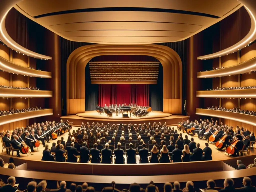 Una majestuosa sala de conciertos llena de asientos de madera tallada, frente a un escenario dorado iluminado cálidamente