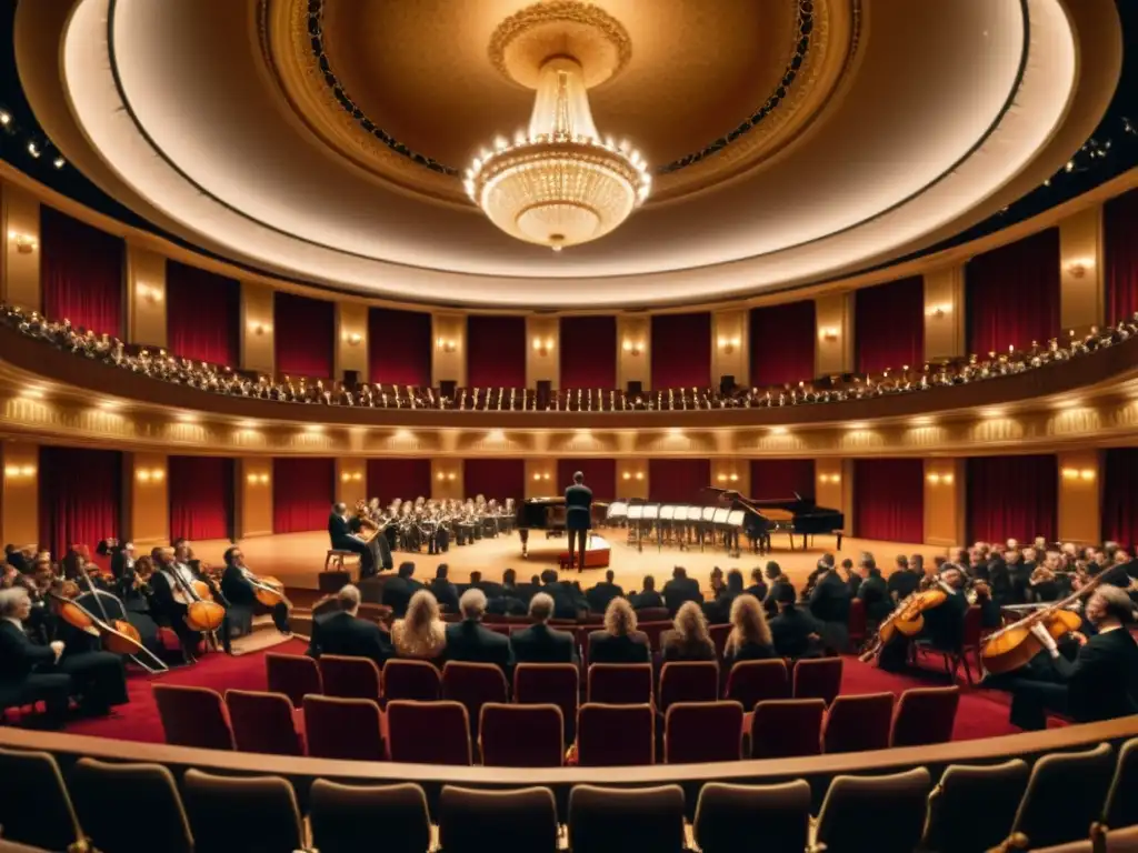 Una majestuosa sala de conciertos del Romanticismo, llena de músicos en trajes de época con un timbal destacado