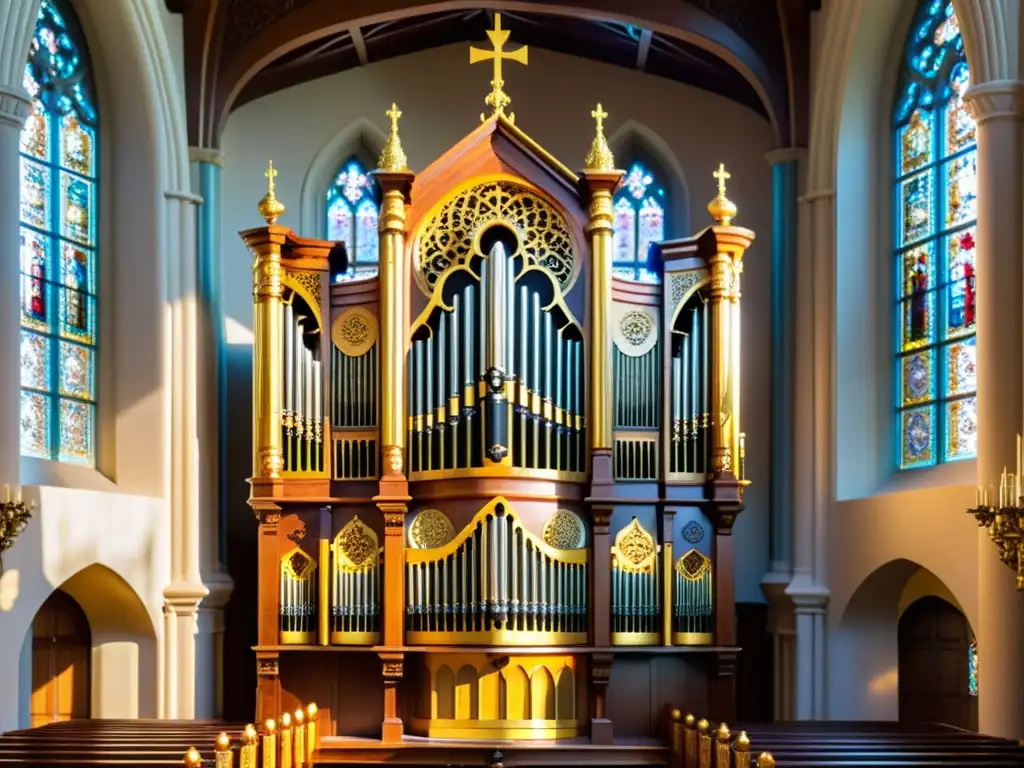 Un majestuoso órgano de madera tallada con acentos dorados, en una catedral iluminada por vitrales