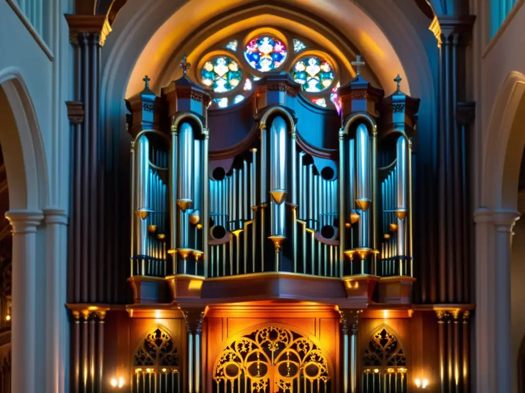 Un majestuoso órgano de tubos en el Romanticismo, iluminado por luz solar a través de vitrales, en una catedral oscura