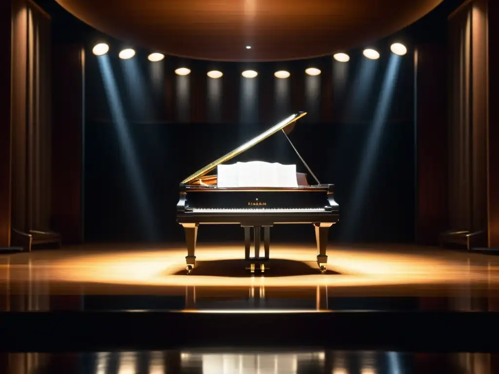 Un majestuoso piano de cola en un salón de conciertos iluminado con encanto