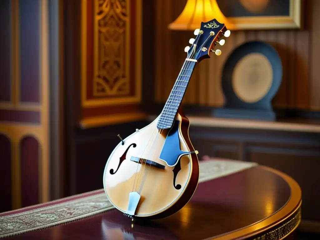 Una mandolina bellamente elaborada en una sala de música vintage, resurgimiento mandolina instrumento musical