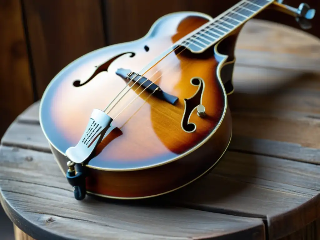 Una mandolina en la música Bluegrass descansa sobre una mesa rústica, mostrando su desgaste y cálido ambiente de tradición y pasión