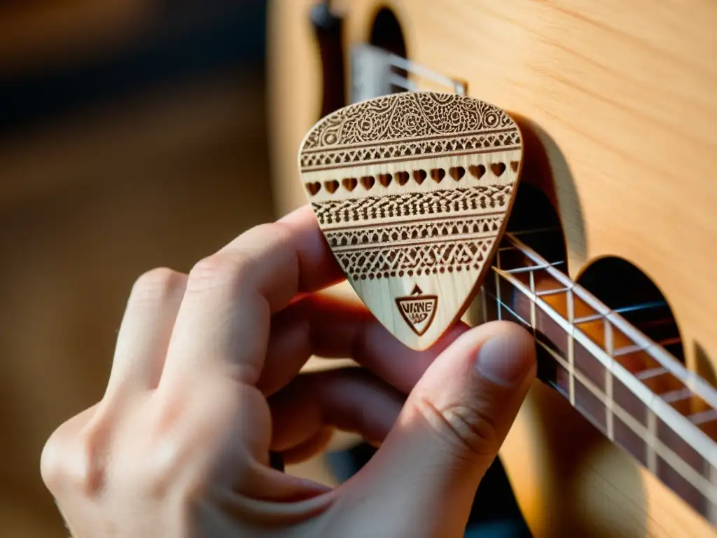 Mano sostiene púa de guitarra biodegradable, hecha de madera sostenible con detalles intrincados