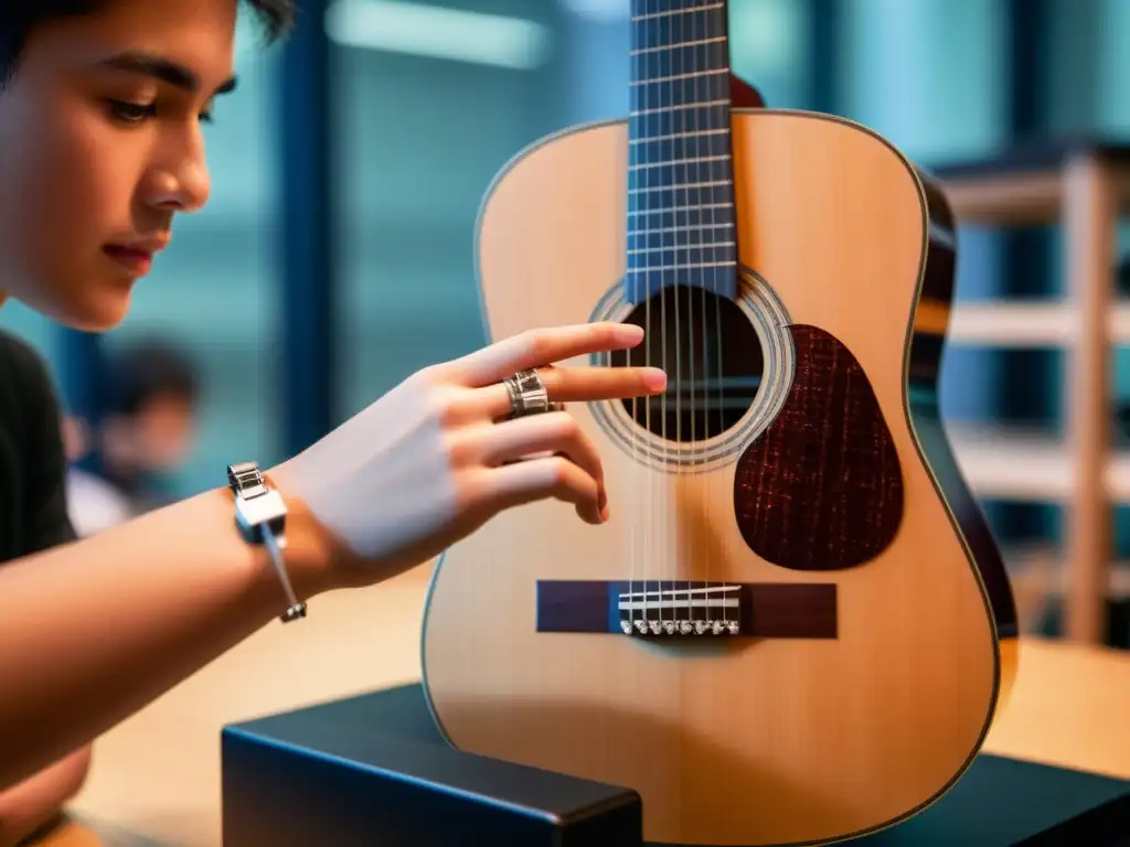 Una mano robótica toca con precisión las cuerdas de una guitarra clásica en un aula moderna, mostrando la fusión de la educación musical tradicional con la Inteligencia Artificial en la Educación Musical