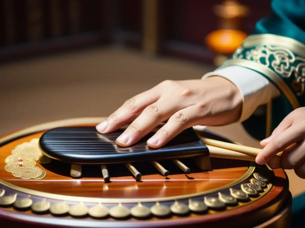 Mano experta del maestro guqin chino pluck resonancias de filosofía y meditación en el antiguo instrumento de cuerdas