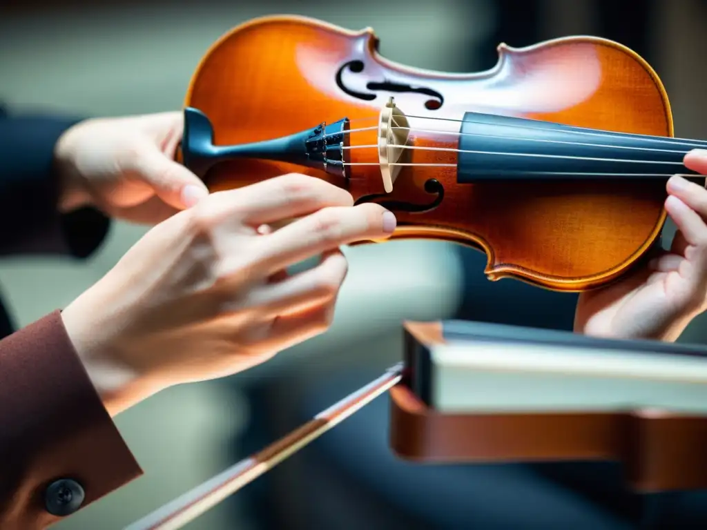 Mano experta de músico tocando con precisión las cuerdas de un violín, destacando las técnicas pizzicato en instrumentos de cuerda