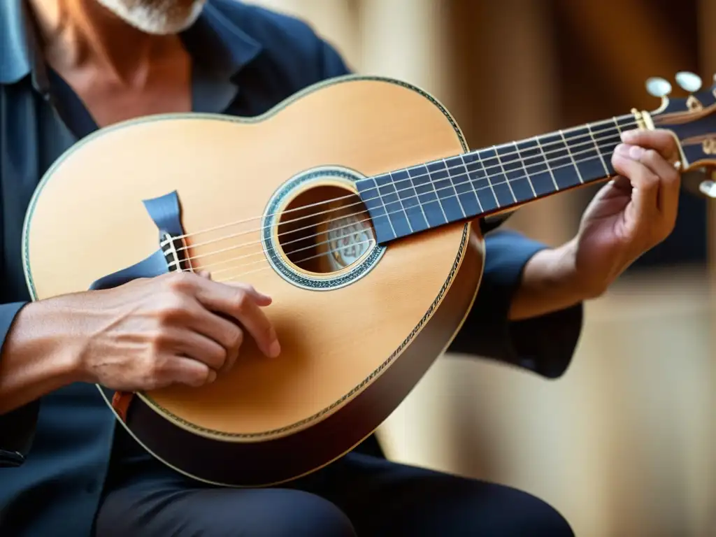 Mano experta ejecuta la técnica púa circular bouzouki con precisión y pasión, resaltando la tradición y el arte musical