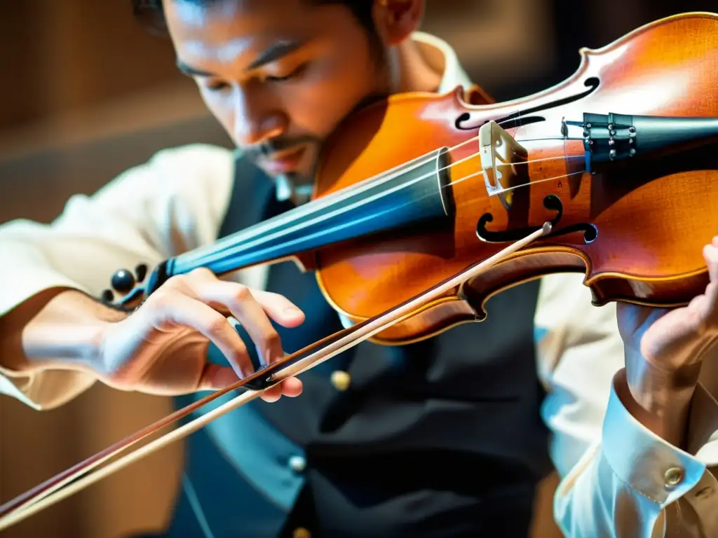 Mano experta ejecutando la técnica portamento en un violín, mostrando destreza y pasión musical