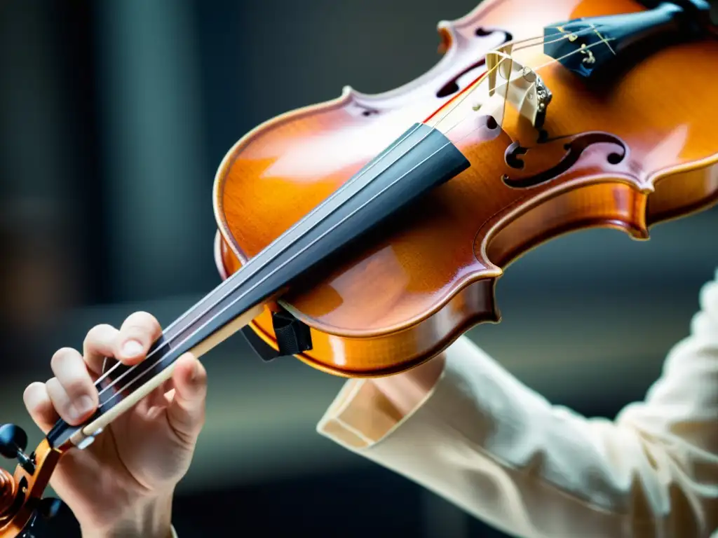 La mano experta de un violinista ejecutando la técnica interpretativa bariolage en un violín, mostrando precisión y arte musical