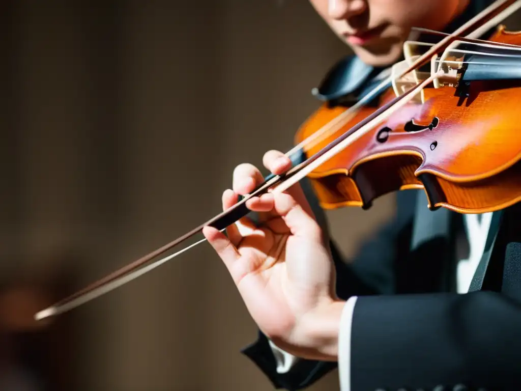 Mano experta de violinista ejecutando técnicas avanzadas para violinistas, con piano y partituras al fondo