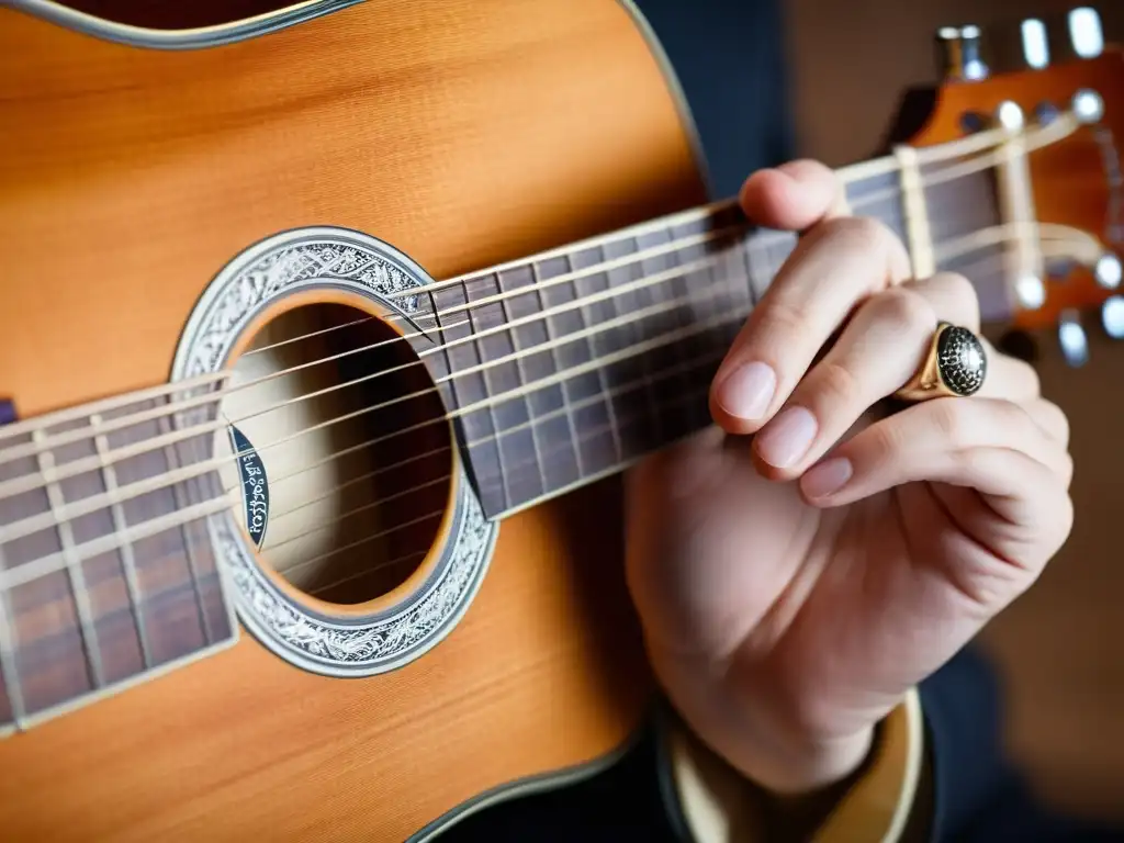 Mano del guitarrista en el mástil de una guitarra clásica, creando técnicas armónicos guitarra con precisión y destreza