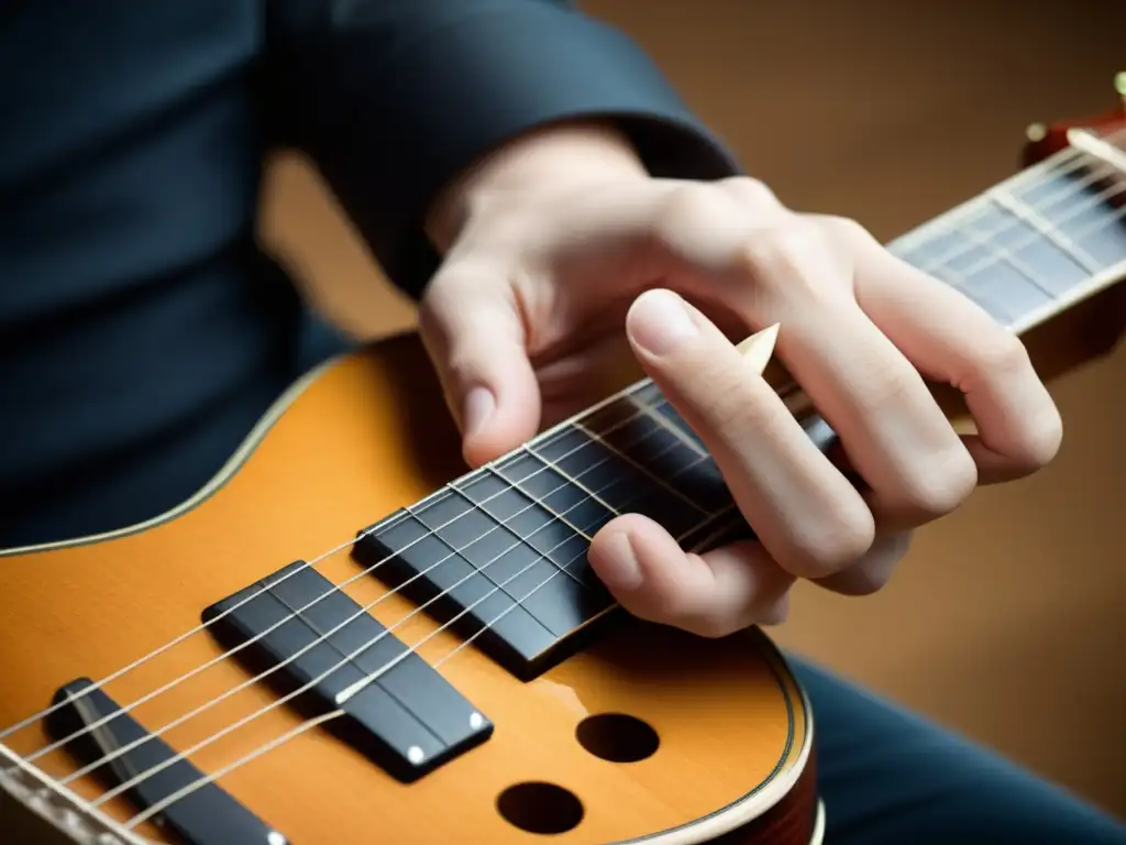 Mano de guitarrista aplicando la técnica de cuerda para tocar eficazmente, con precisión y concentración en la ejecución