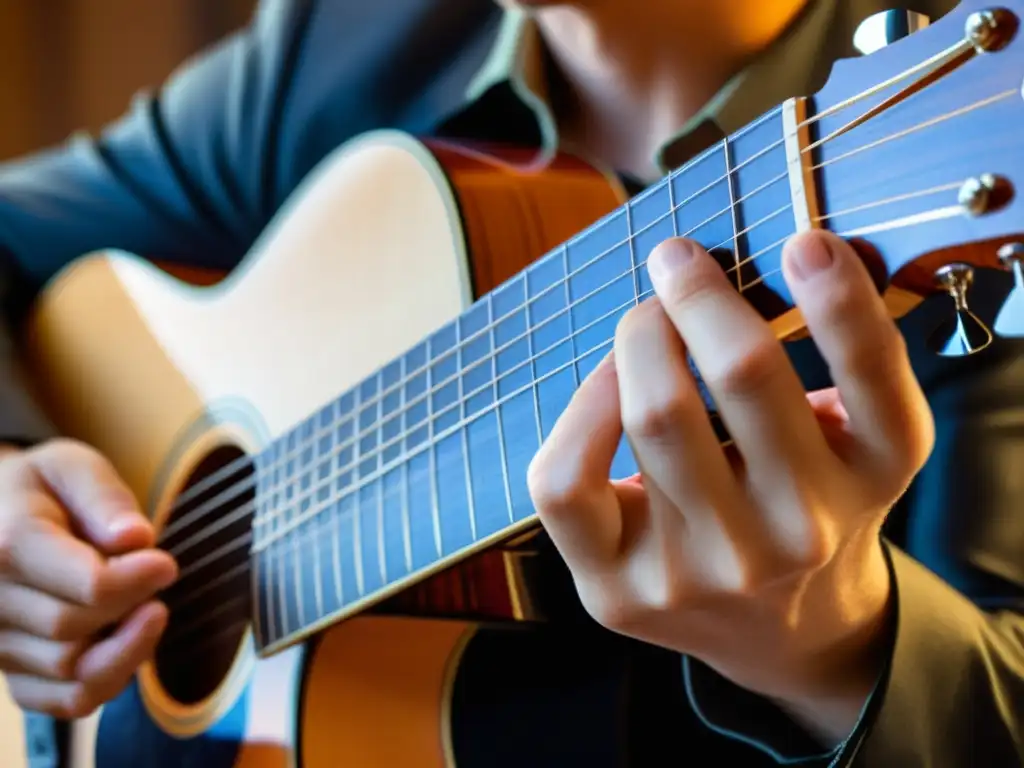 Mano de guitarrista ejecutando técnica fingerstyle guitarra polifonía con destreza y precisión, resaltando la habilidad artística