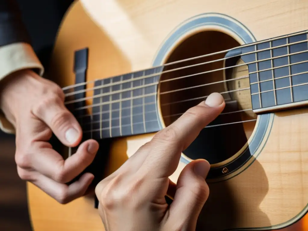 Maestría en Martilleo: Detalle de Guitarra Acústica Mano de guitarrista ejecutando la técnica martilleo en una guitarra acústica, con detalle y emoción