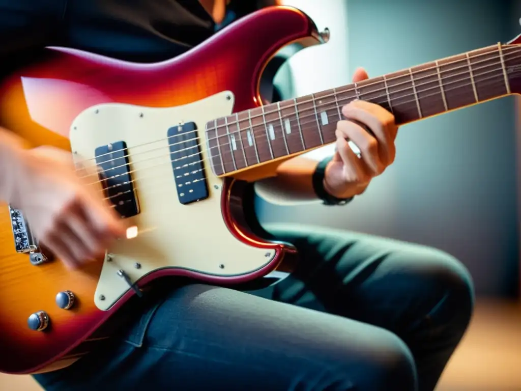 Mano de guitarrista ejecutando técnicas vibrato guitarra con intensa pasión, capturando el dinamismo y destreza del músico