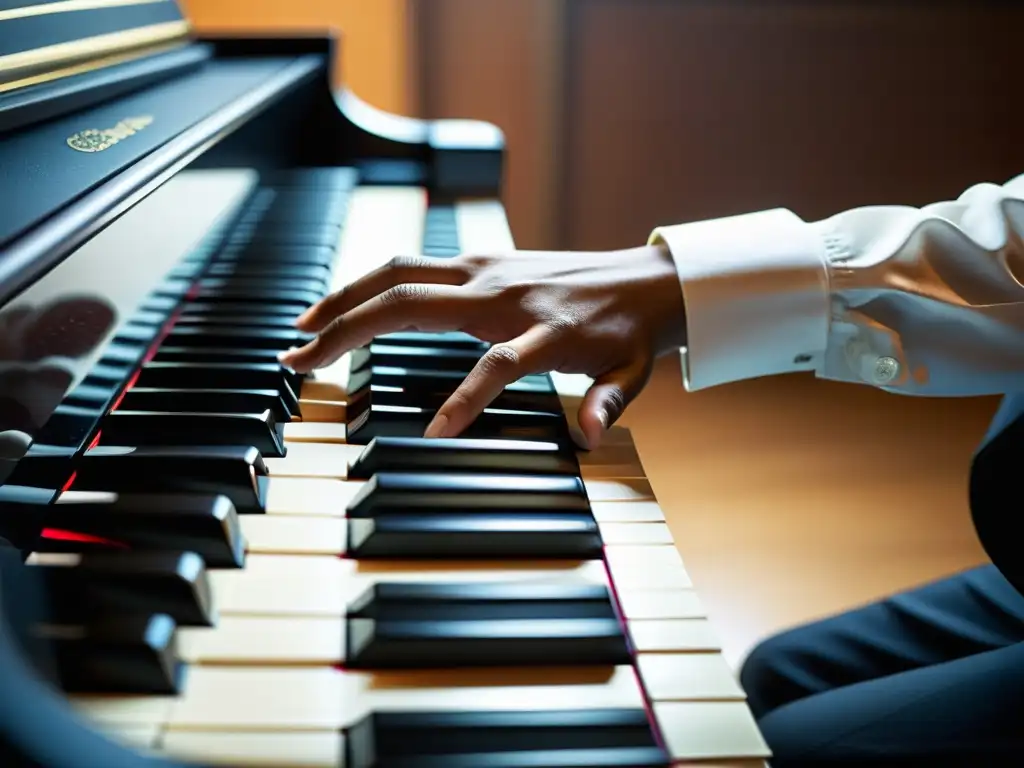 La mano izquierda del pianista ejecuta con gracia las técnicas de mano izquierda teclado, destacando la destreza y precisión en la interpretación