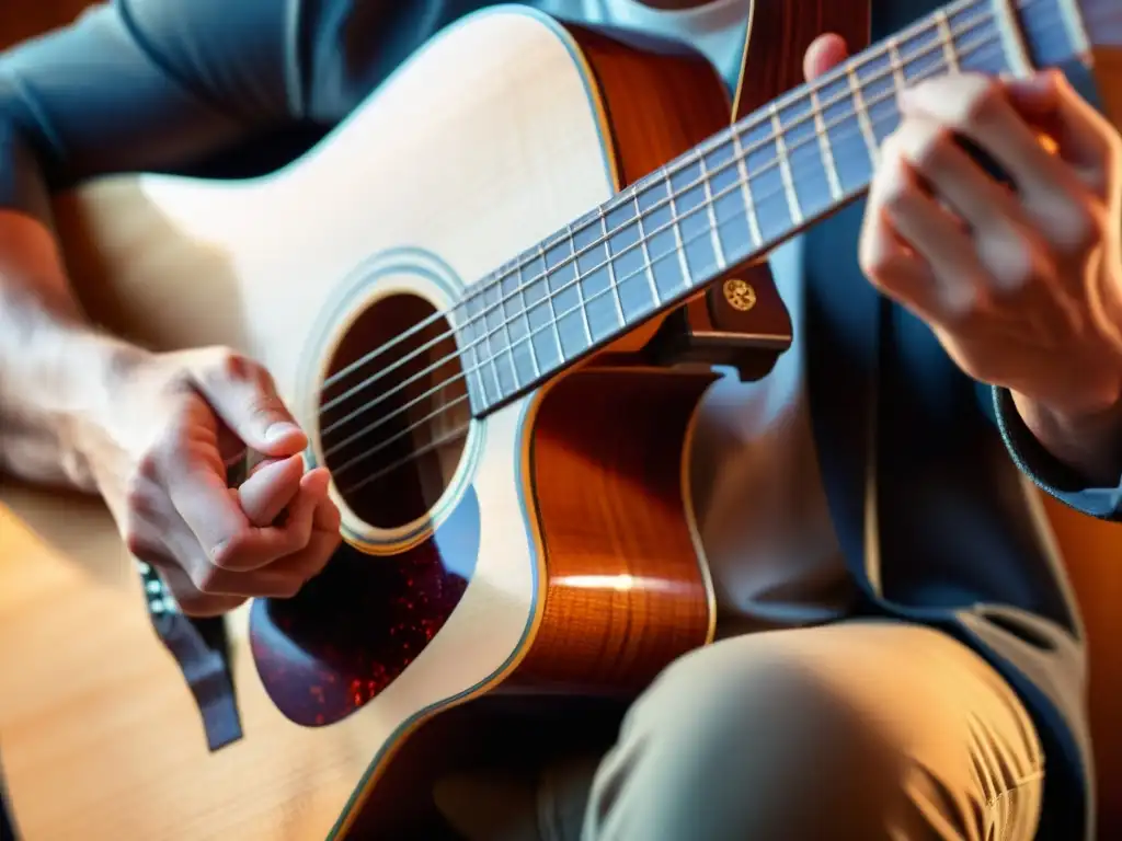 Mano de músico tocando guitarra acústica, detalle de cuerdas, público diverso de fondo