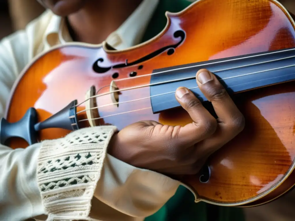 Mano del músico brasileño tocando con pasión la viola caipira, mostrando el origen y características de la viola caipira en la música brasileña