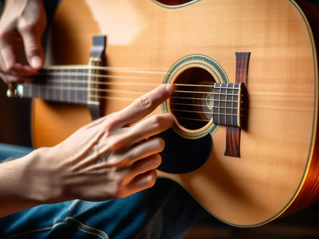 Mano de músico experto tocando una guitarra acústica antigua, destacando la artesanía y la calidez de la madera