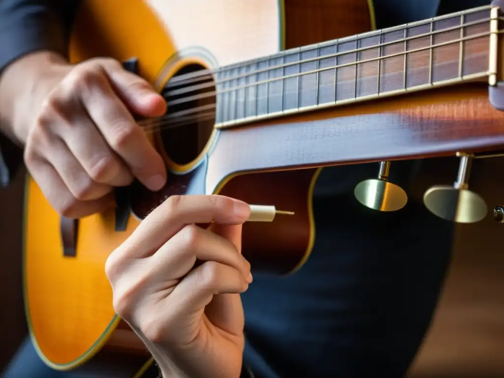 Mano de músico tocando una guitarra vintage, detalle de las cuerdas y trastes