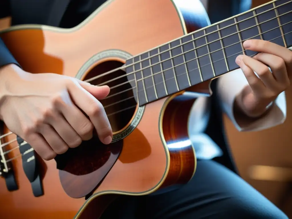 Mano de músico tocando notas en un diapasón, destacando la construcción de escalas para improvisar con precisión y destreza