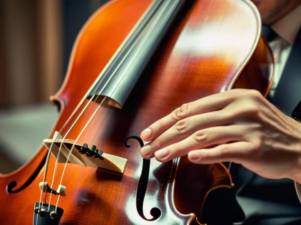 Mano de músico ejecutando técnicas pizzicato en un violonchelo, muestra destreza y concentración