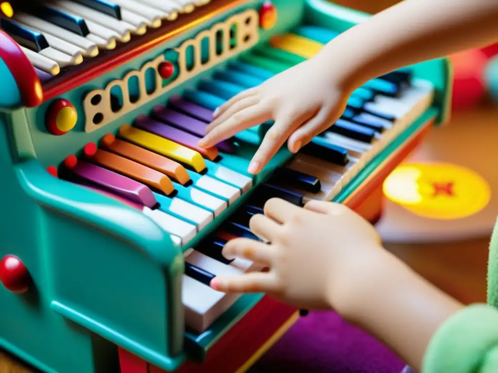 Mano de niño explorando teclados de piano de juguete en un mundo de curiosidad y diversión