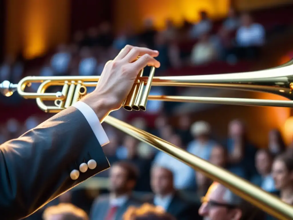 La mano de un trombonista se desliza con destreza por el instrumento, iluminada por una cálida luz dorada