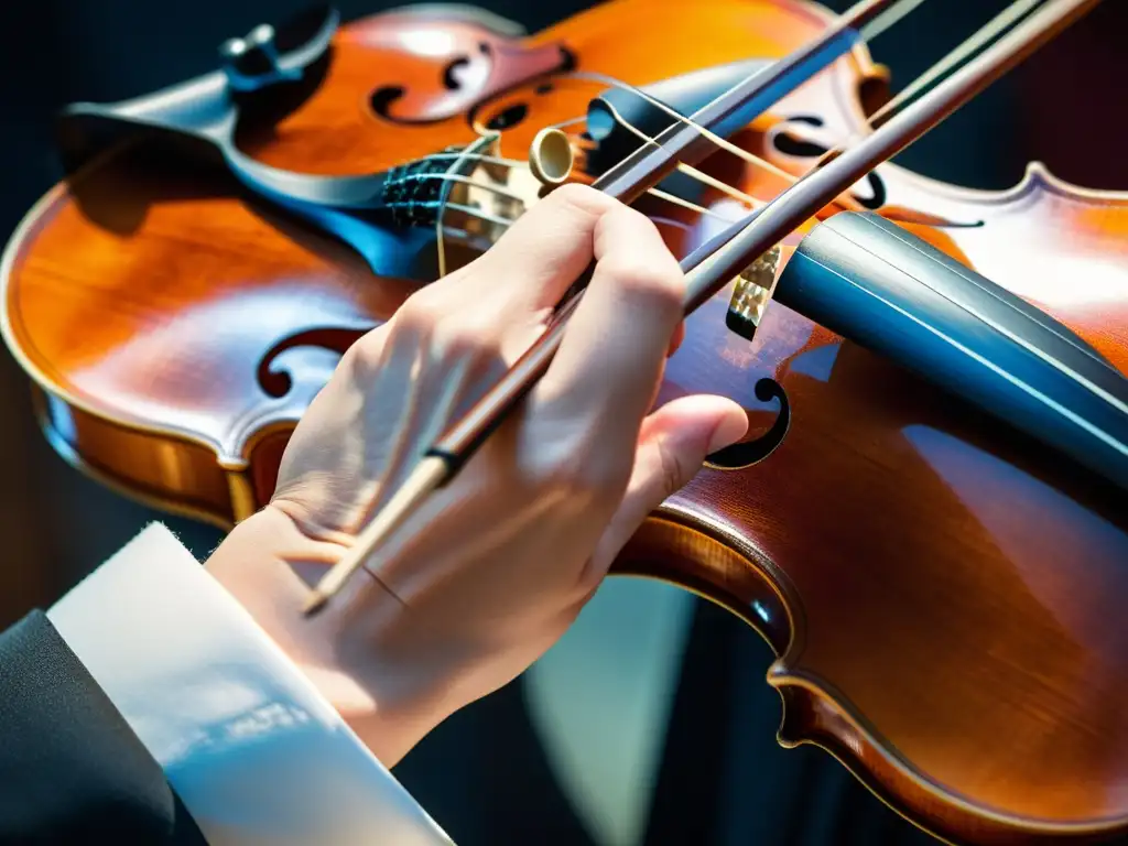 Mano de músico hábil tocando violín, resaltando la artesanía del instrumento