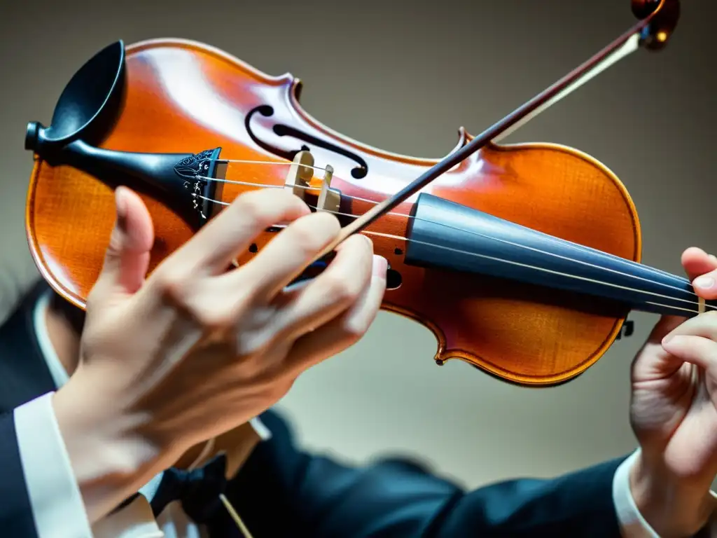 La mano de un violinista moviendo grácilmente el arco sobre las cuerdas de un violín, creando resonancia natural