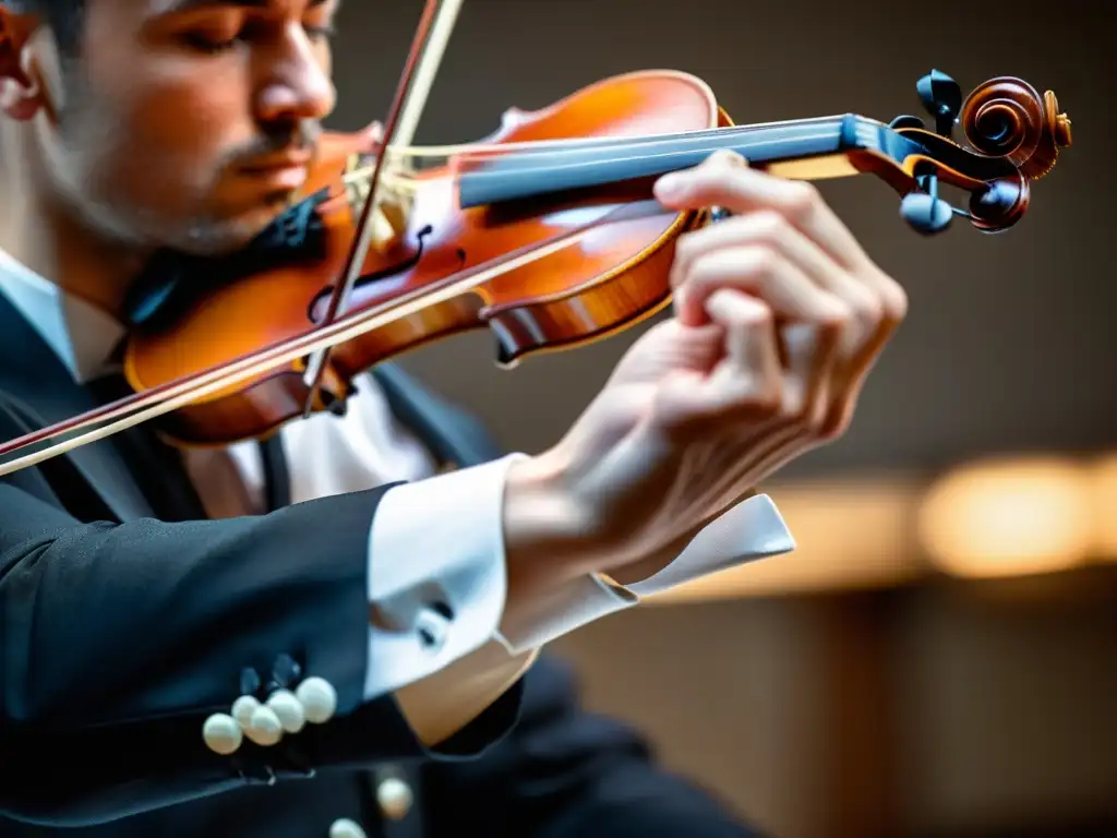 Mano de violinista concentrada, preparada mentalmente para ejecutar el instrumento de cuerda con precisión y determinación