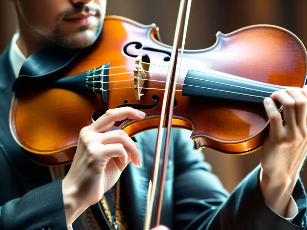 Una mano de violinista experto tocando con destreza un violín desgastado