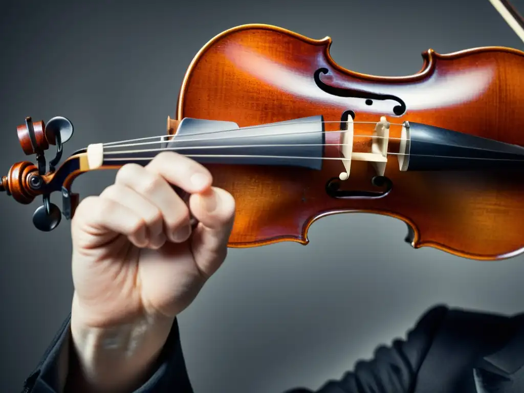 Mano de violinista experto ejecutando técnicas avanzadas para violinistas con maestría y precisión en el arco y las cuerdas del violín