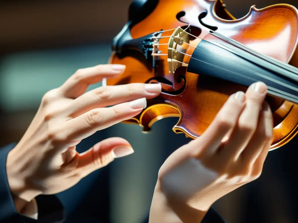 Mano de violinista maestro en movimiento preciso, iluminada por la tensión del arco sobre las cuerdas