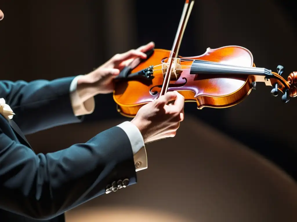 La mano del violinista ejecuta una perfecta técnica spiccato, con un ambiente intenso y dinámico